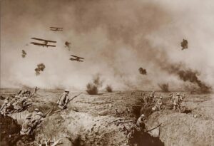 Bi-planes flying over trench in the first World War.