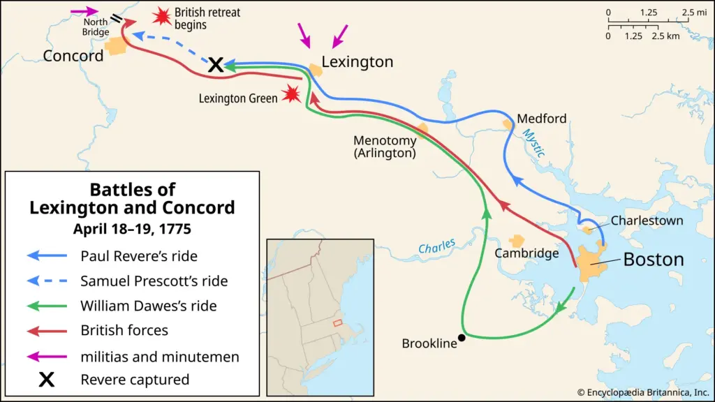 map showing Battles of Lexington and Concord