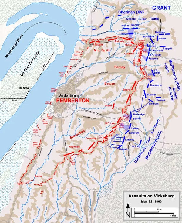 Map of assaults on Vicksburg