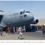 Desperate Afghans take to the runway in Kabul August, 2021 credit: NBC News
